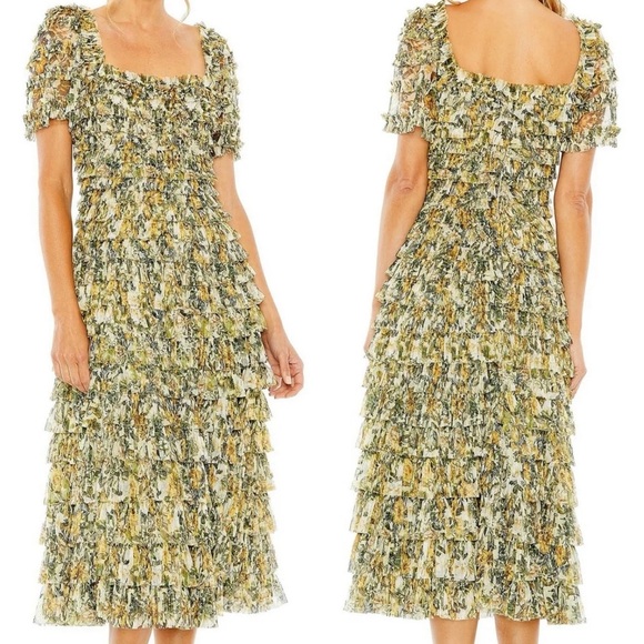 Mac Duggal 8232 | Square Neck Short Sleeve Micro Ruffle Dress | Women’s 14 - Picture 1 of 6